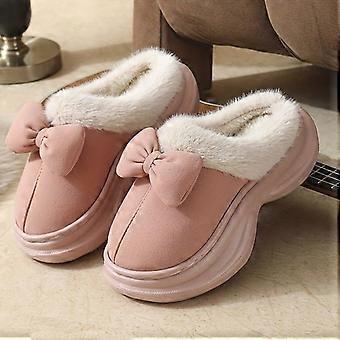 Teenagers' Plush Slippers with Bow Detail, Soft Fleece Lining, Thickened Curved Sole, High Resilience Winter House Shoes Gift