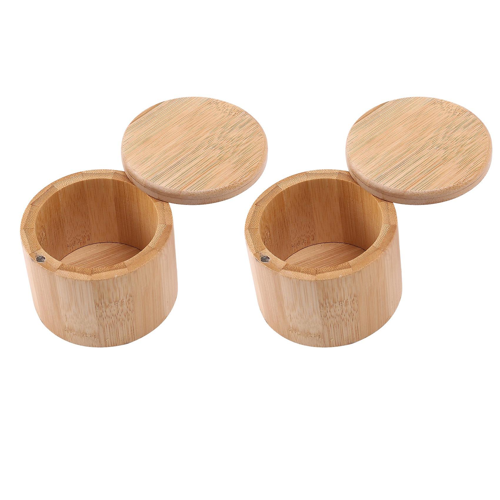 2 Pieces Bamboo Salt and Spice Storage Box with Magnetic Swivel Lid Round Bamboo Pepper Box Bamboo