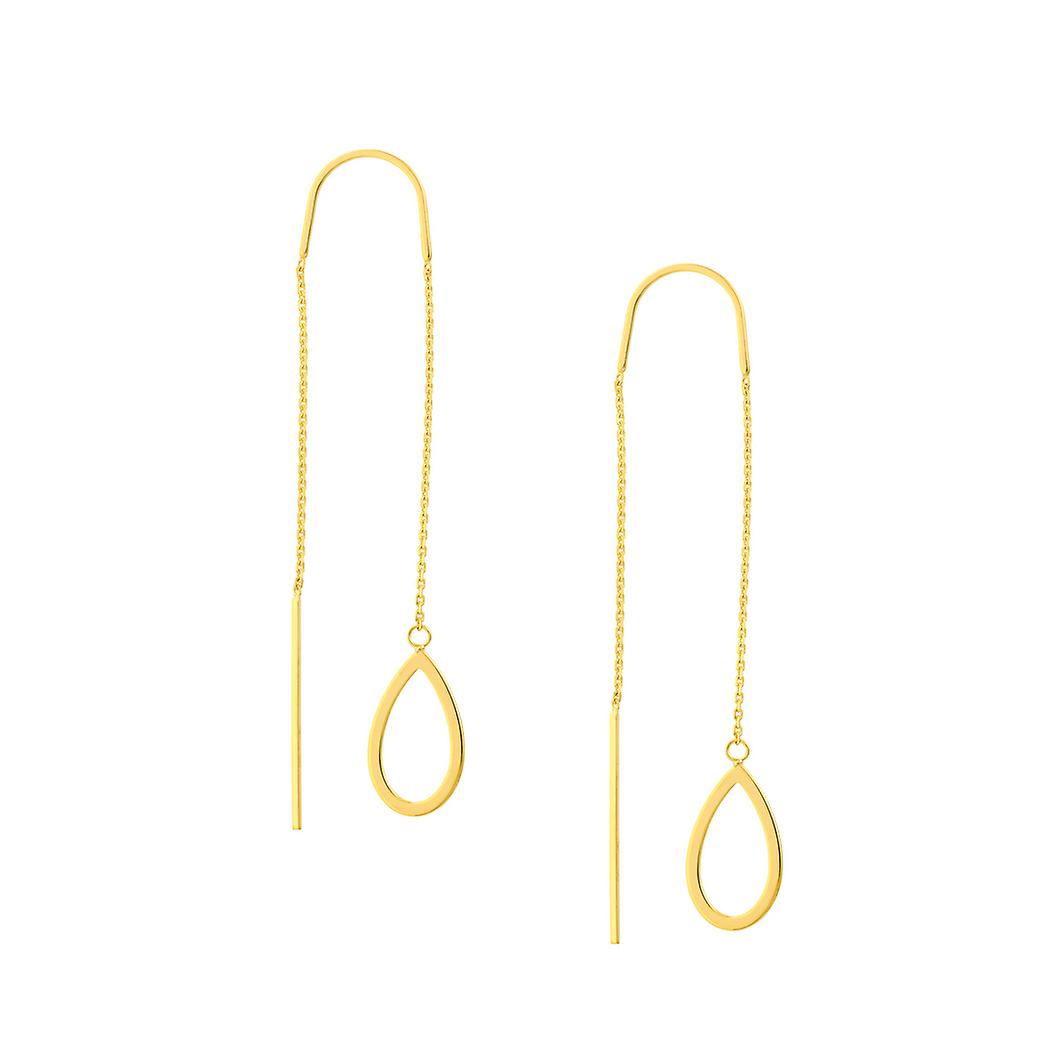 14k Solid Yellow Gold Stationary Open Tear Drop Threader Earrings Stud Earring for Women