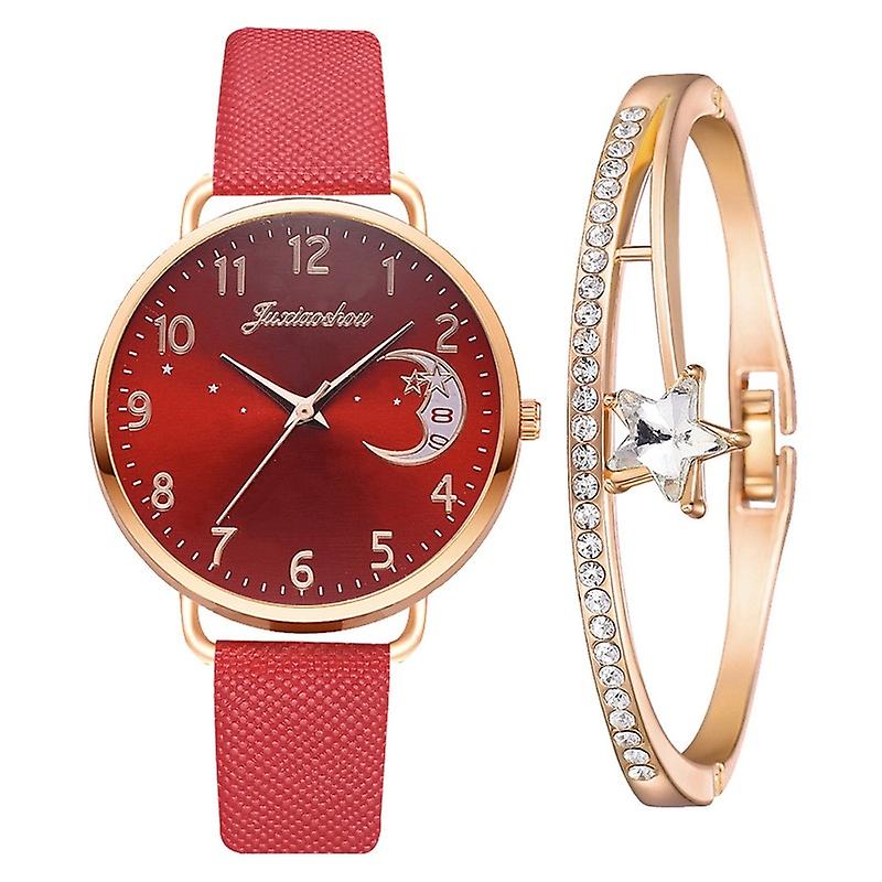 Ladies Moon Pattern Dial PU Strap Quartz Watch, Color: Red+Bracelet Red+Bracelet