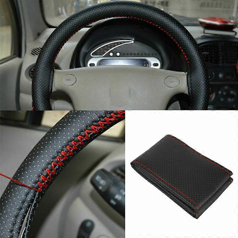 1x Schwarz+Rotes PU-Leder wärmendes Autolenkrad DIY-Abdeckung mit Nadelfaden