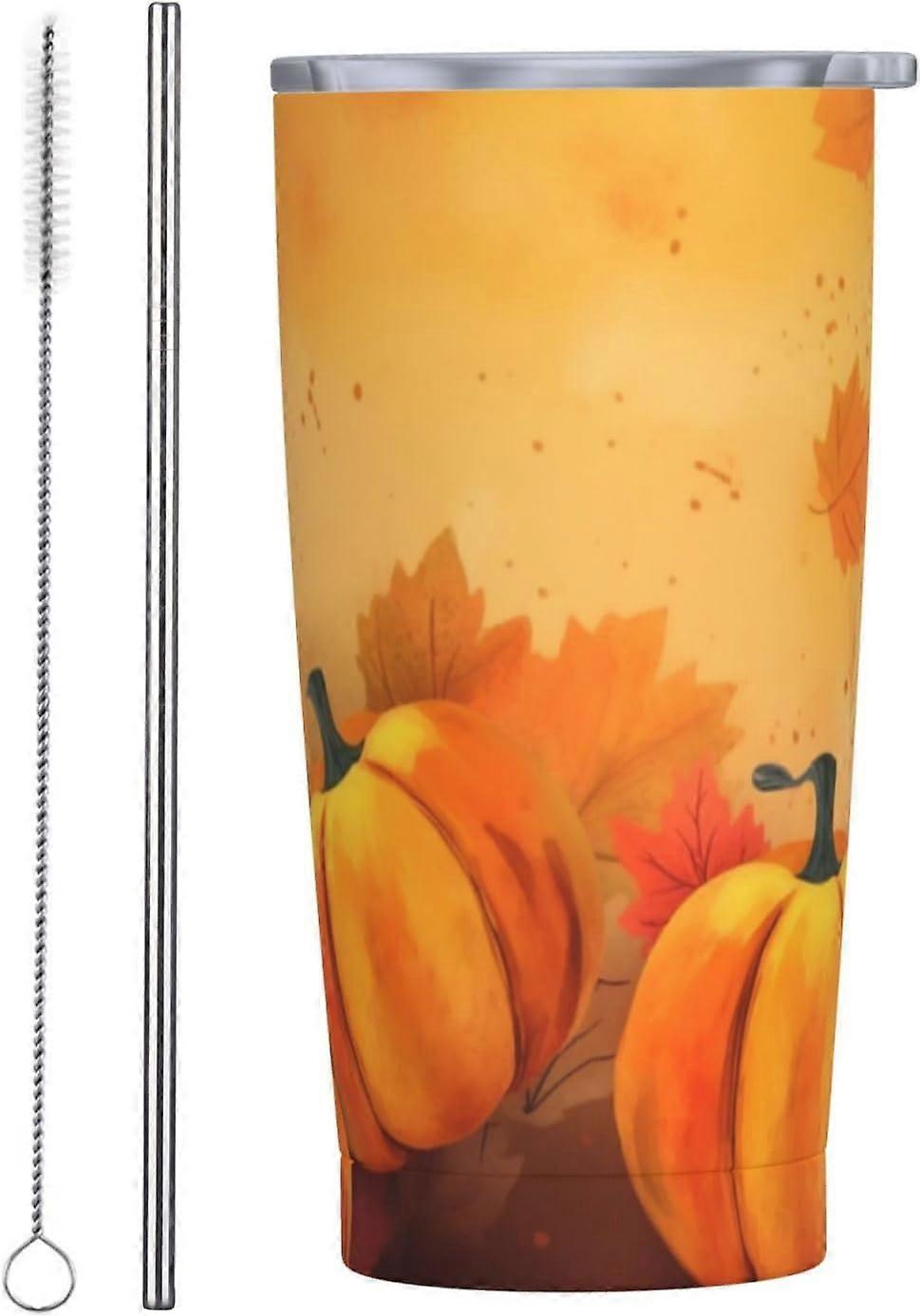 خريف اليقطين 20 أوقية بهلوان مع أغطية وقش الفولاذ المقاوم للصدأ فراغ القهوة القدح للسيارة المنزل مكتب السفر في الهواء الطلق