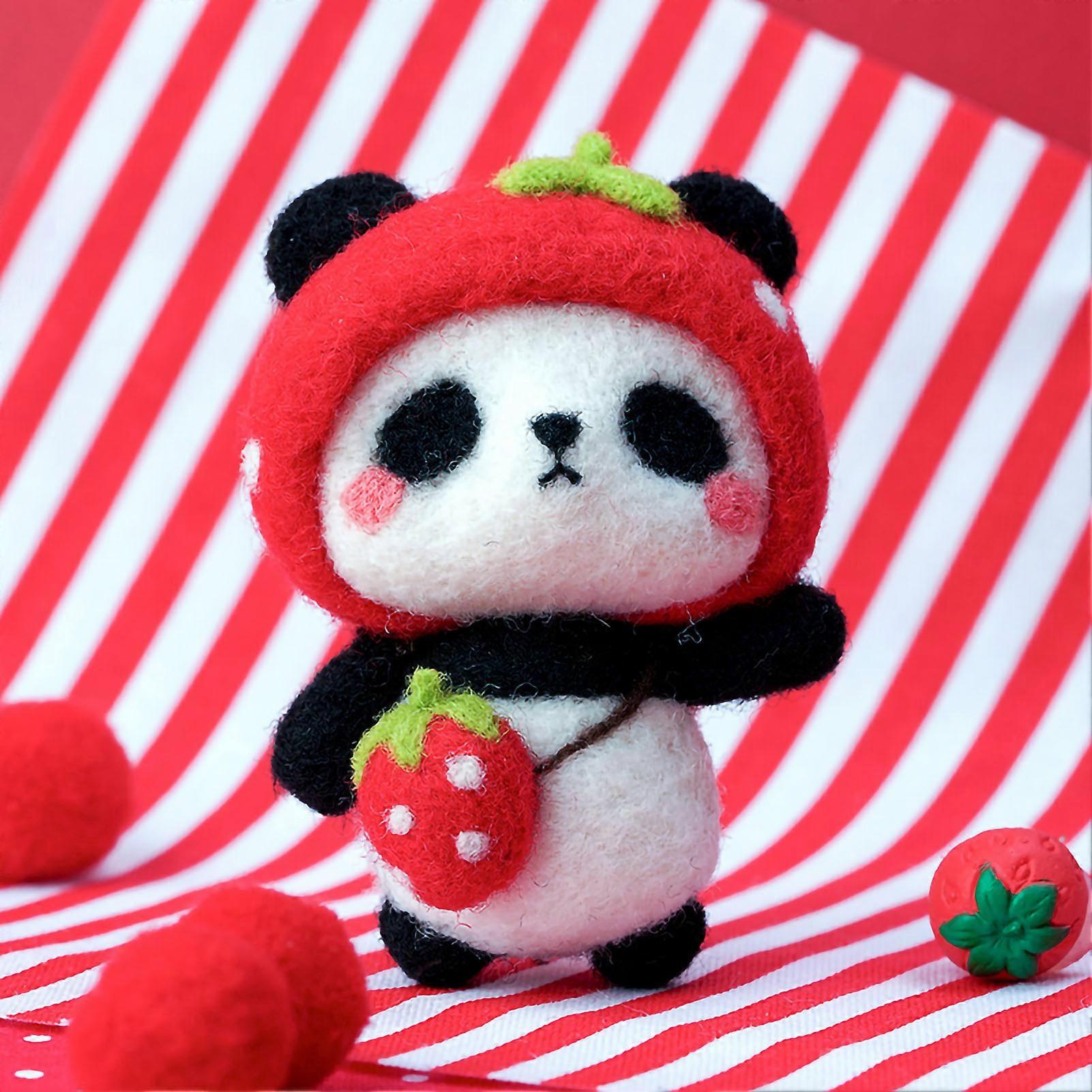 Needle Felting Kit DIY Handmade Wool Pedant Materials Cartoon Panda Shape for Beginners Small Strawberry Basic Style