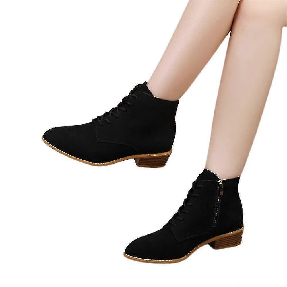 Women Lace-up Suede Ankle Boots Zip Up Bootie Low Heel Pointed Toe Shoes