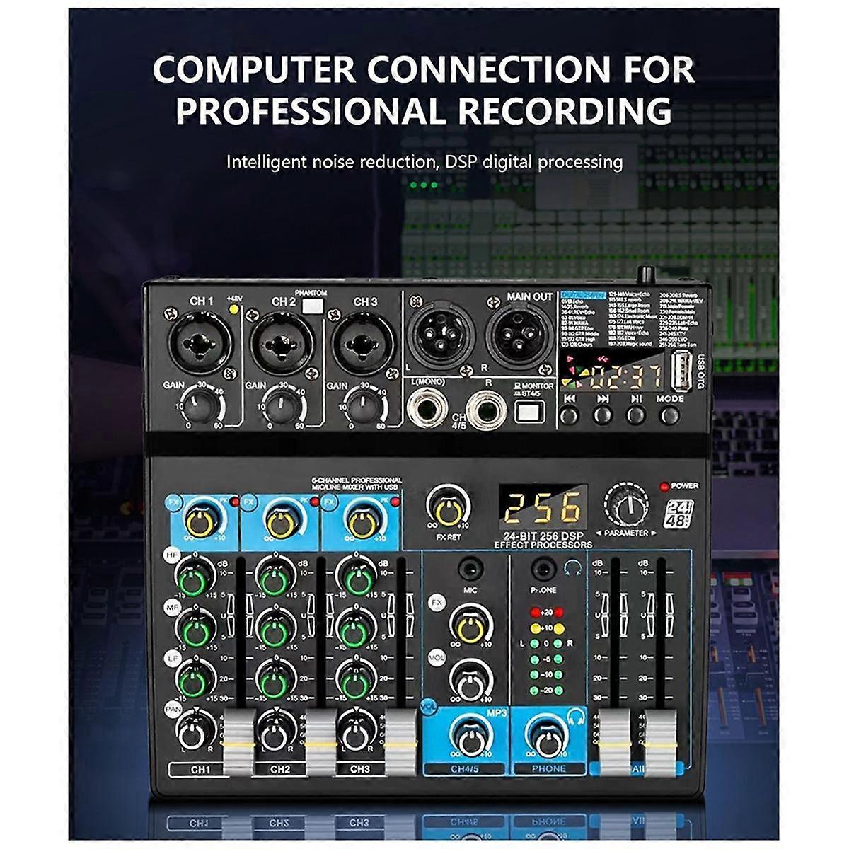 6-Channel Small Multi-Function Mixer for Stage Performances, Karaoke Live Broadcast, with USB Bluetooth Mixer