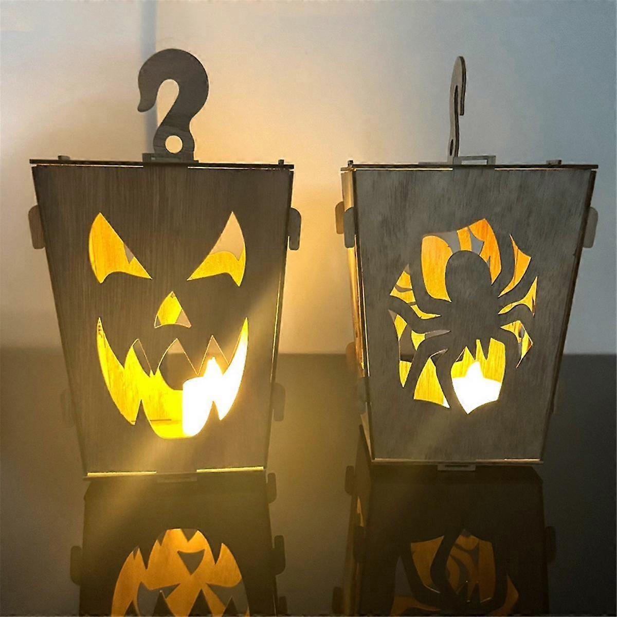 Halloween Wooden Lighted Pumpkin for Tabletop, Light Up Pumpkin Ghost Lamp Lantern Shadow Box Hallo