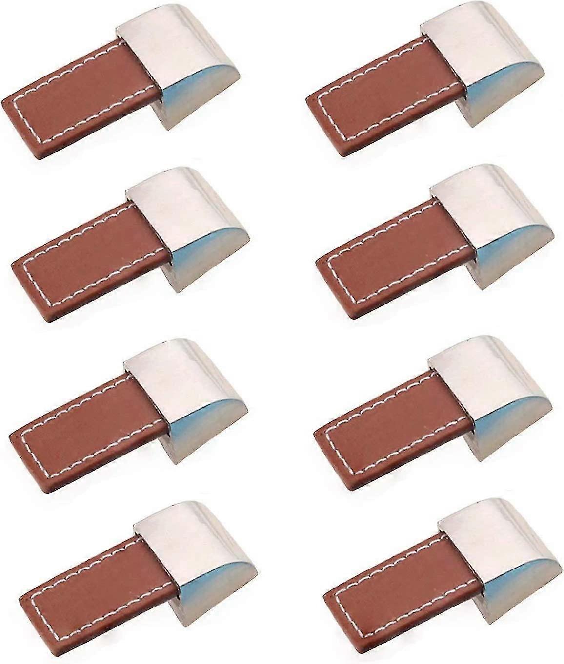 Set Of 8 Drawer Or Cupboard Handles In Metal And Leather (one Hole, Brown)
