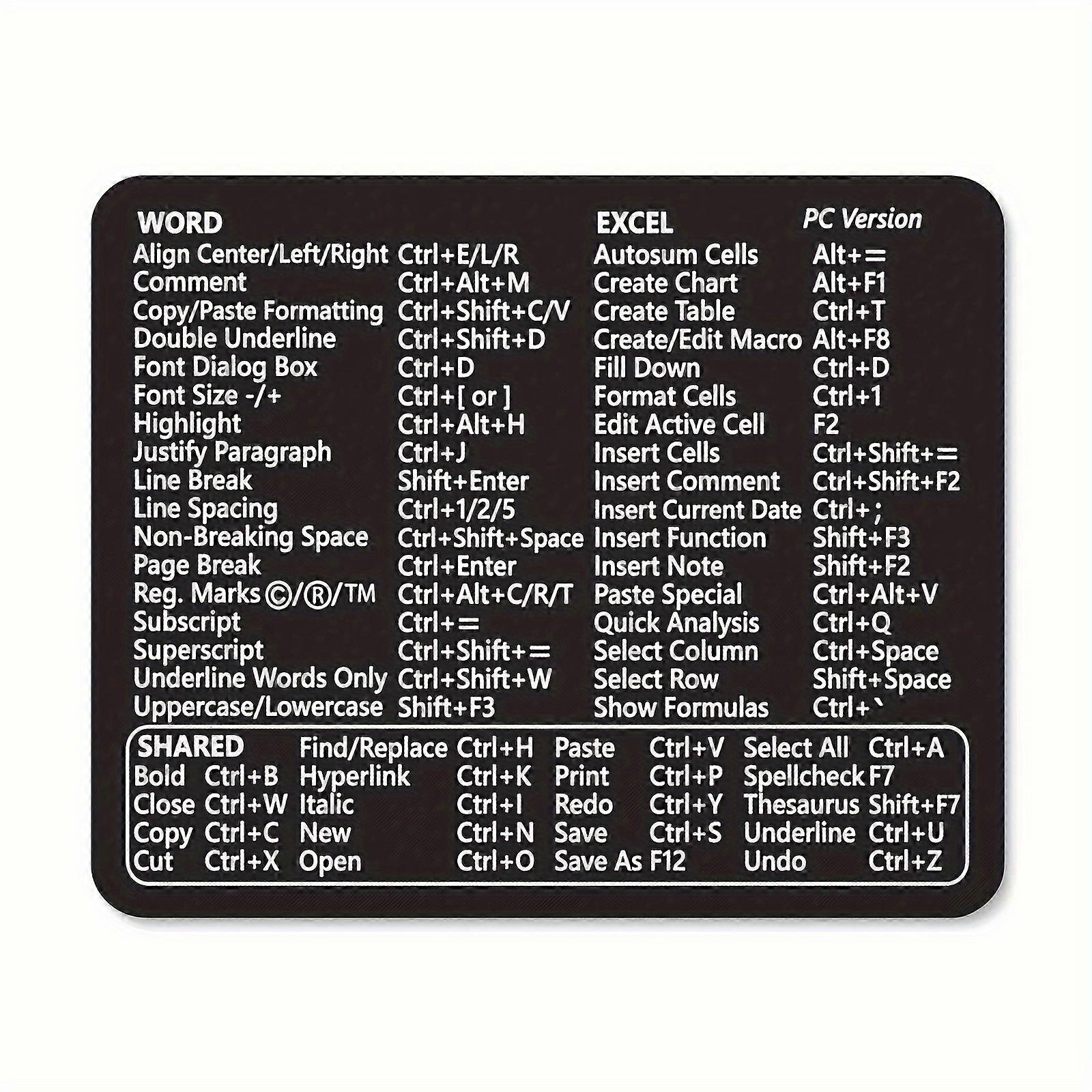 Microsoft Word and Excel Keyboard Shortcuts Mouse Pad - Thick Anti-Skid Rubber Pad for PC Windows - 9.45 x 7.9 Inches, 3mm Thick - Boost Productivity 