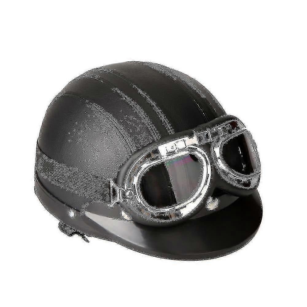 Motorcycle Scooter Open Face Half Leather Helmet With Visor Uv Goggles Retro Vintage Style 54-