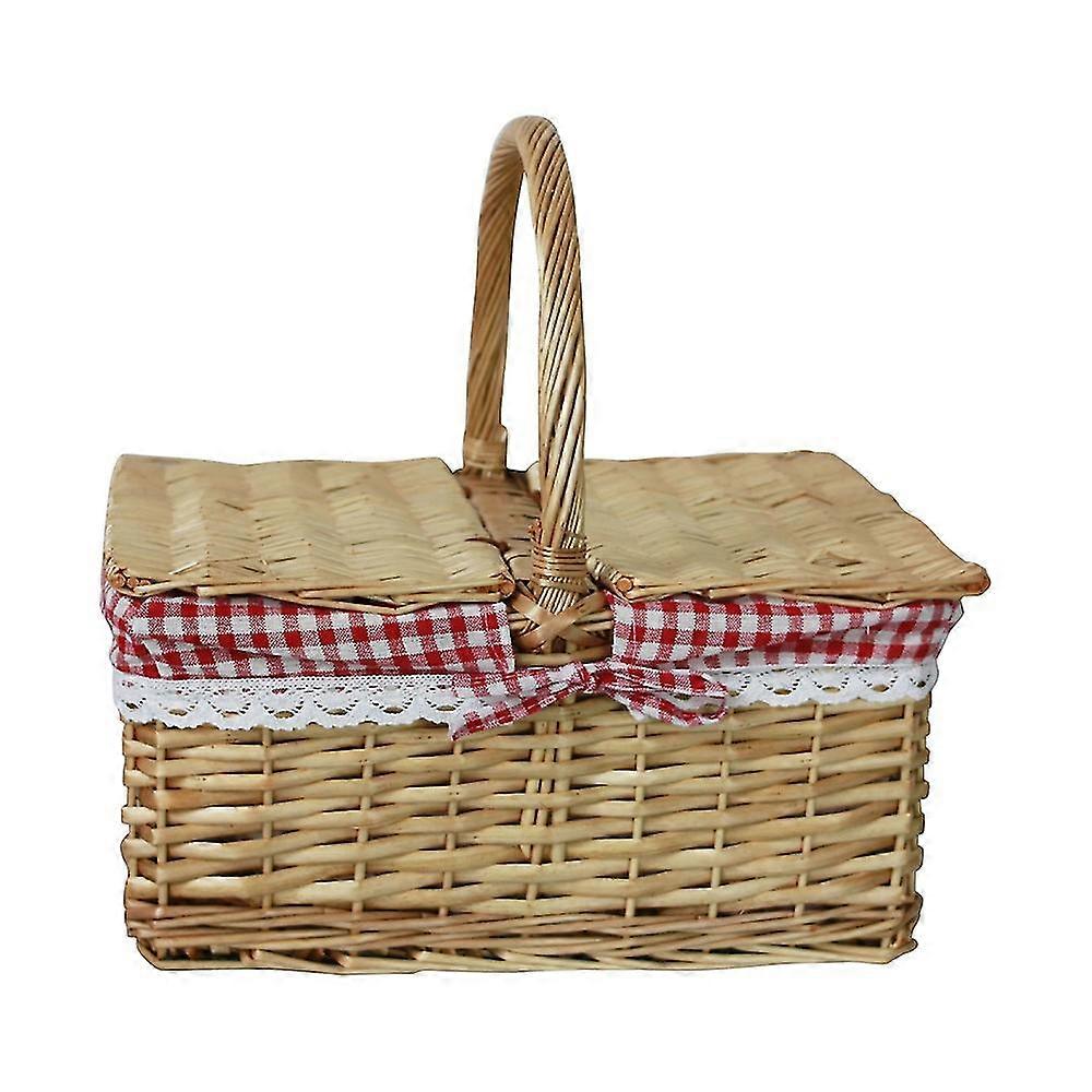 Picnic Basket Woven Natural Ratten Basket With Double Handles With Lid Sundry Container For Food Fruit Bread Storage Tray Park