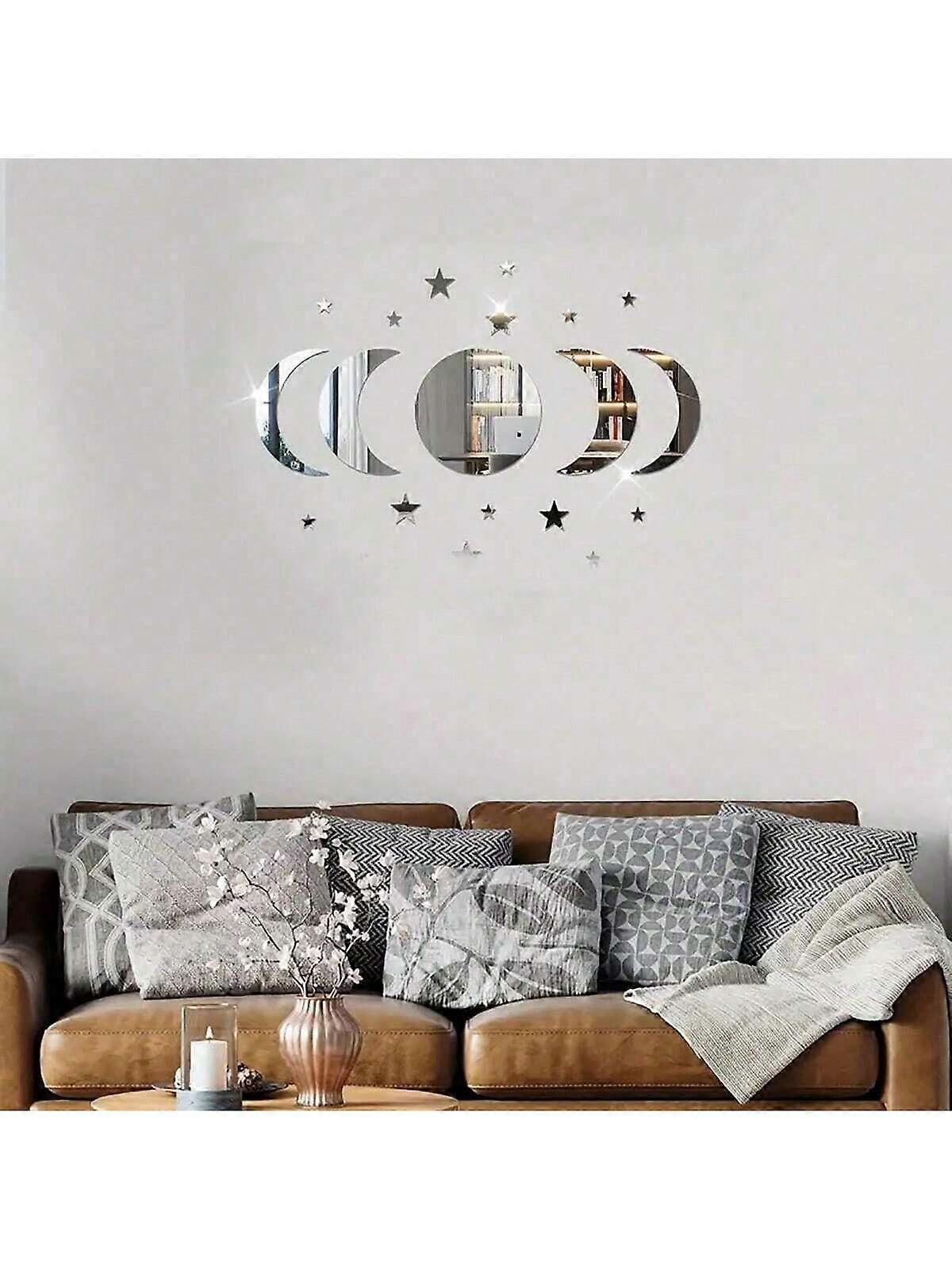 32 قطعة ملصقات حائط مرآة على شكل قمر ونجمة ، ملصقات مرآة مادة الاكريليك بسماكة 1 مم ، لتزيين المنزل ، فضية