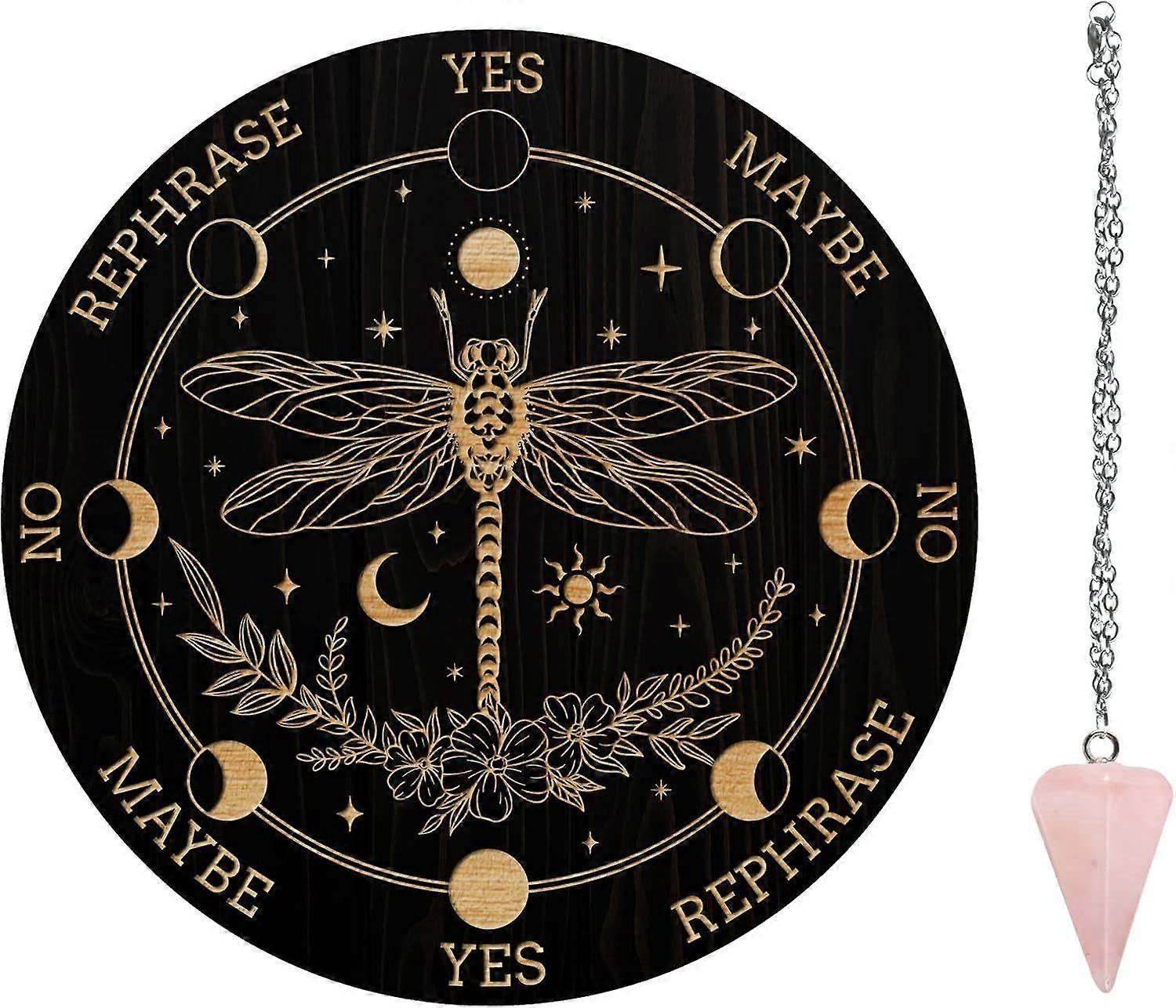 7.8" Witch Pendulum Board Wooden Dowsing Planchette with Rose Quartz Crystal Dowsing Pendulums Witchcraft Divination Tools for Spirit Altar Decoration