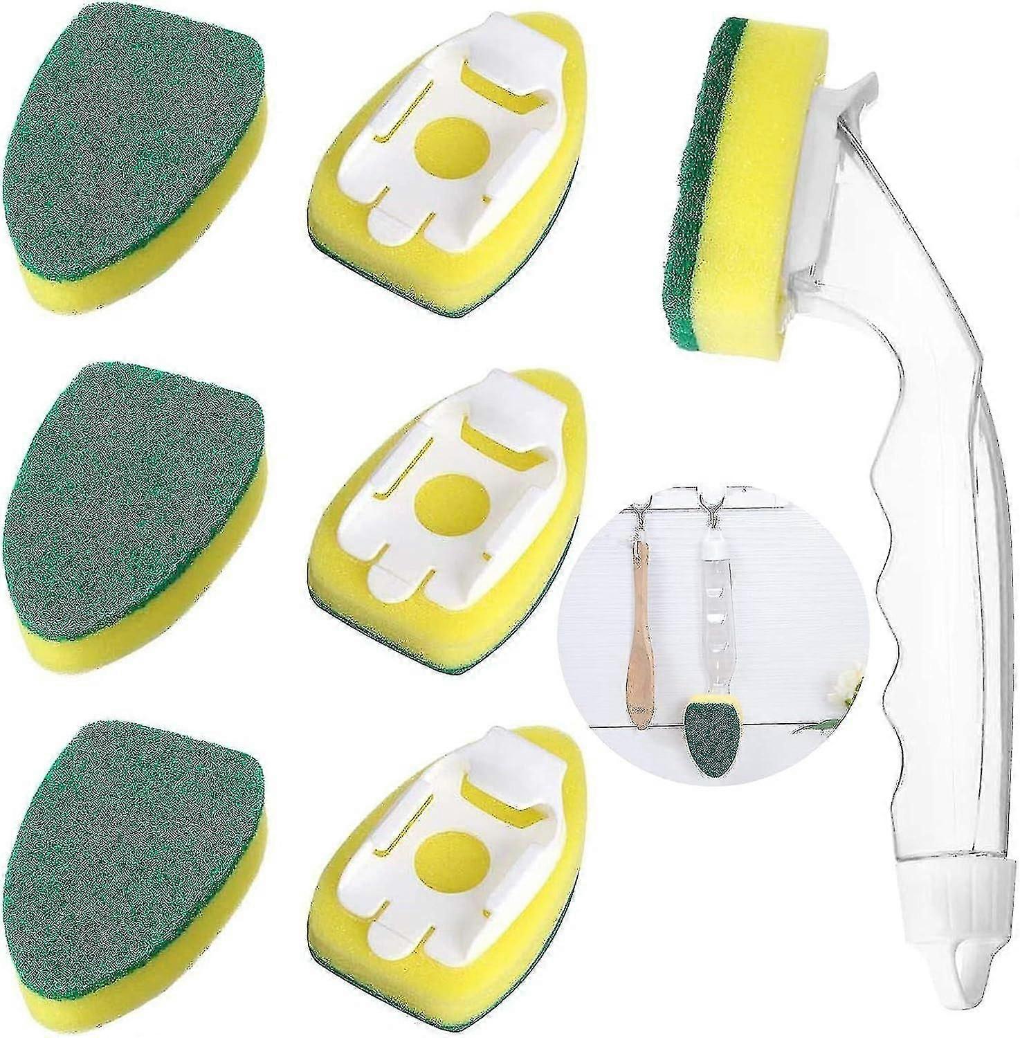 Éponge à vaisselle - Éponge à récurer avec 1 brosse à vaisselle et 7 têtes d'éponge de rechange, éponges de nettoyage de cuisine réutilisables, nettoyage