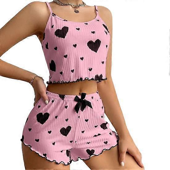 2 Pcs/Set Women Summer Pajamas Suit Adjustable Strap Sleeveless Heart Print Crop Top Shirring Edge High Waist Shorts Bedroom Sleepwear Set