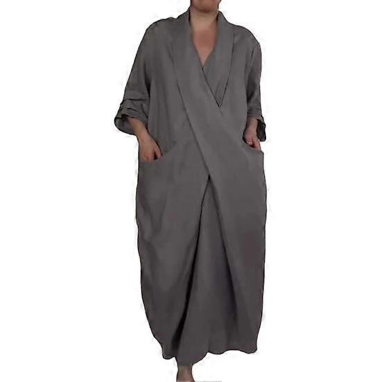 Spring Fall Maxi Dress Robe Baggy Cross V Neck Solid Color Large Pocket Retro A-line Bohemian
