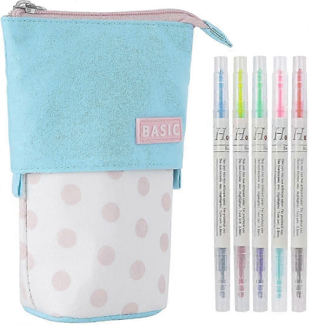 Telescopic Polka Dots Pencil Pouch with Highlighters