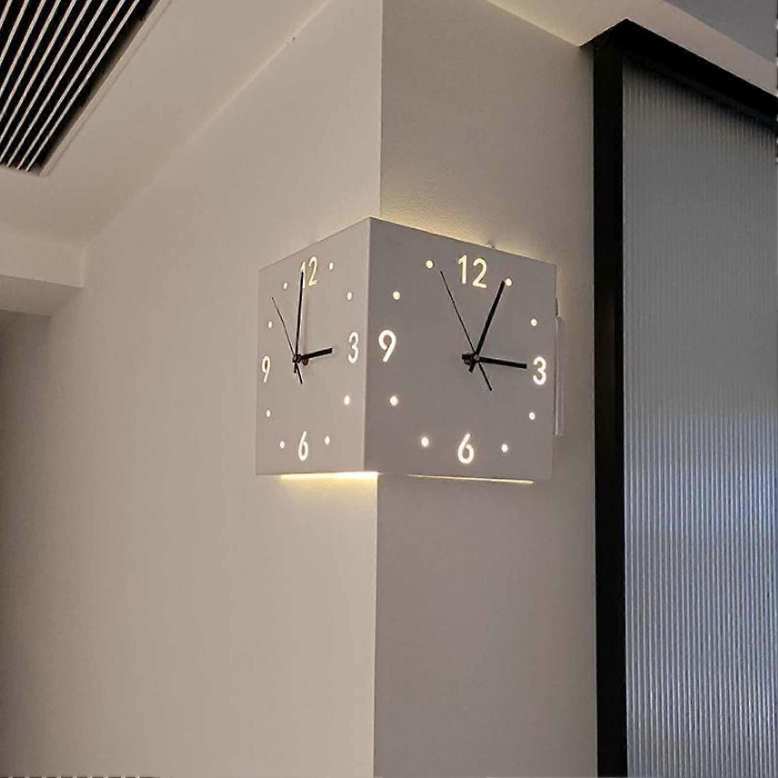 Corner Clock Double-Sided Wall Clock With Sensor Luminous Numeral Scale Battery-Operated Silent White For Bedroom