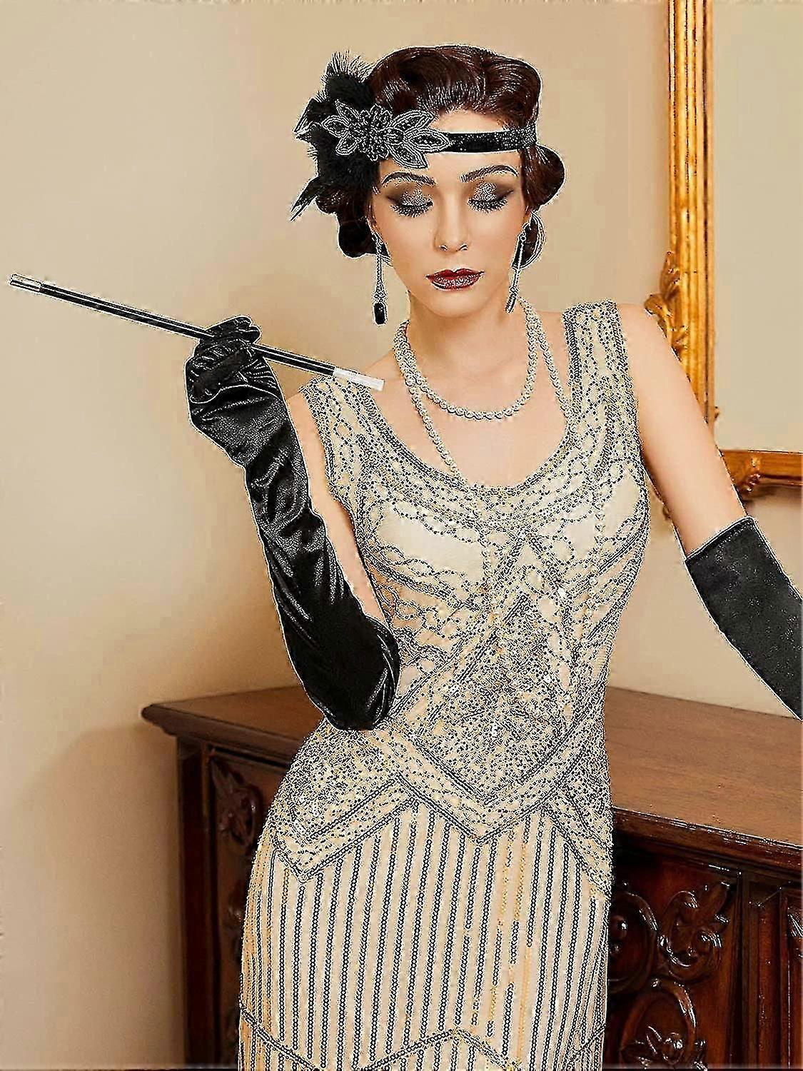 NITAIUN 5 Pieces 1920s Accessorie pour Femmes Charleston Accessoires Année 20 Femme, Flapper Great Gatsby Costume Accessoires, Bandeau à Plumes Boucles d'oreilles Gants Collier et Support (Set J