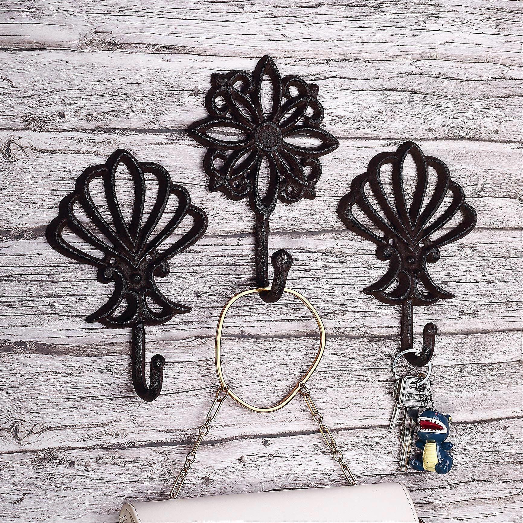 Wall Hooks Decorative Heavy-Duty Cast Iron Shabby Chic Vintage Rustic Set of 3 Ancient Black