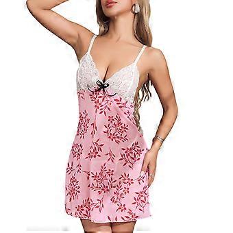 Frauen Nachtwäsche Nachthemd Print Spitze Chemise Nachthemd Schlafkleid Frauen Full Slip V-Ausschnitt Dessous Kleid Frauen Dessous XL Weiß