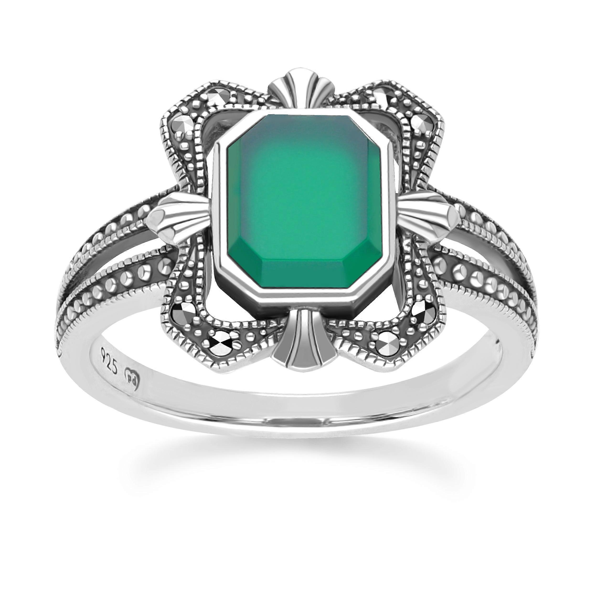 Art Deco Style Baguette Chalcedony and Marcasite Ring in Sterling Silver