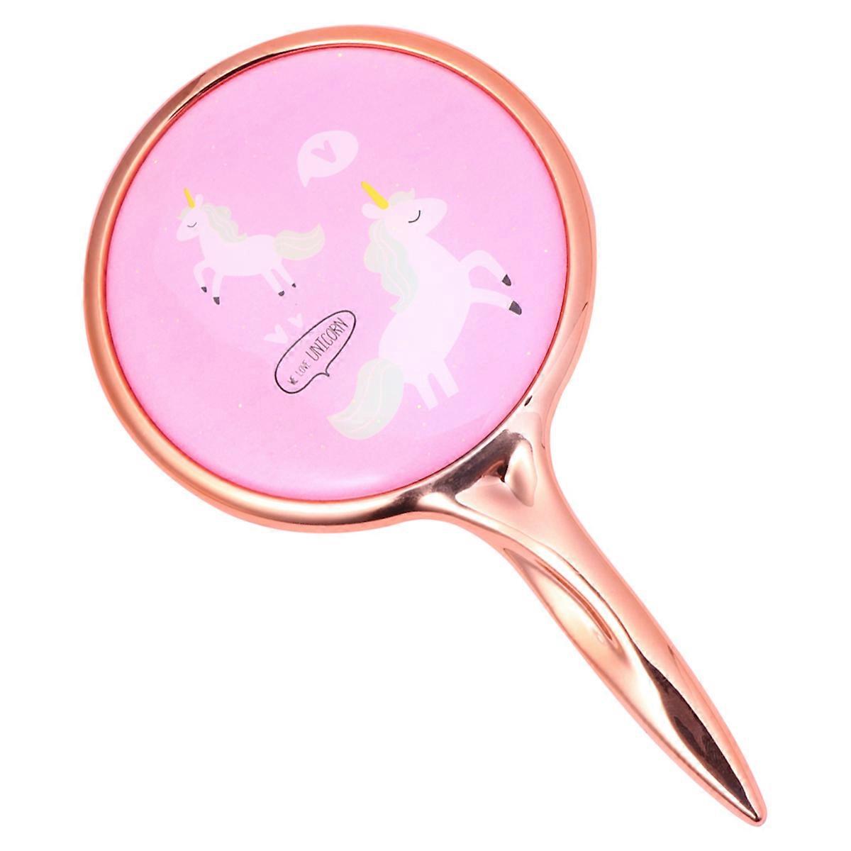 Cartoon Handheld Mirror Round Mini Makeup Mirror Stylish Handle For Home Salon Use Pink 1Set