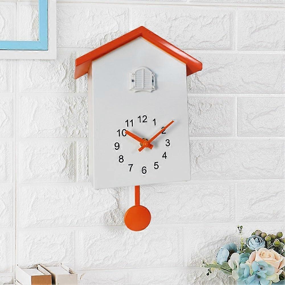 Cuckoo Clock with Natural Bird Calls and Pendulum, Vintage Wall Clock Birdhouse, White and Orange Design