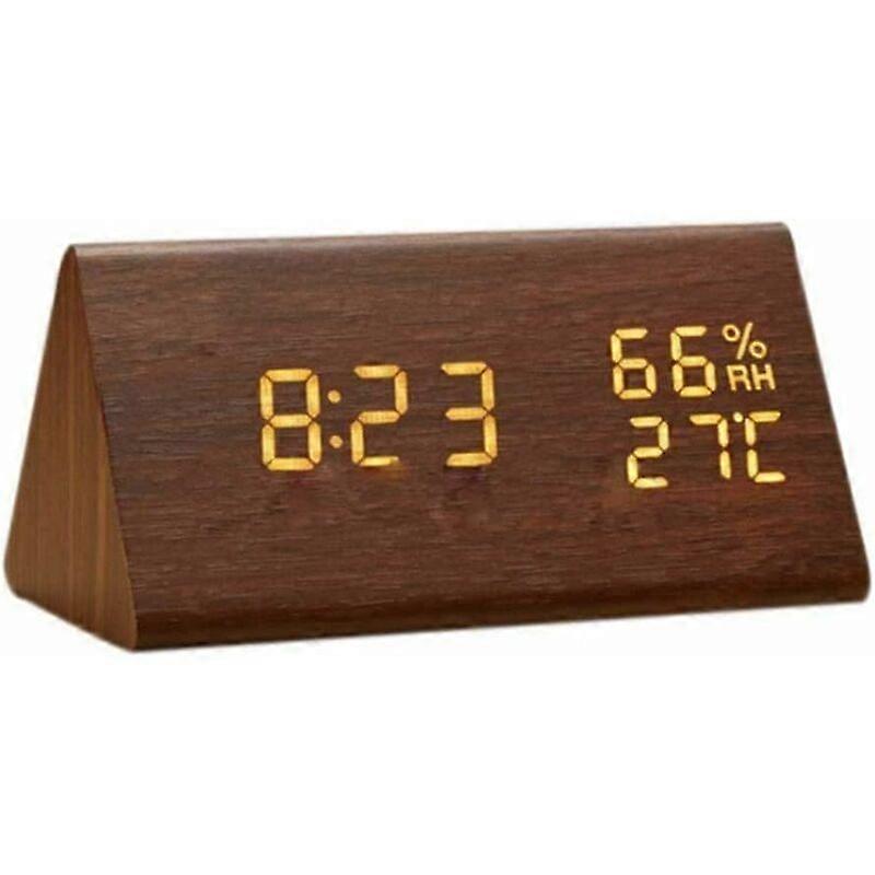 Wooden Alarm Clock, Wooden LED Digital Alarm Clock,with Time and Temperature, Sound Control, and Adjustable Brightness
