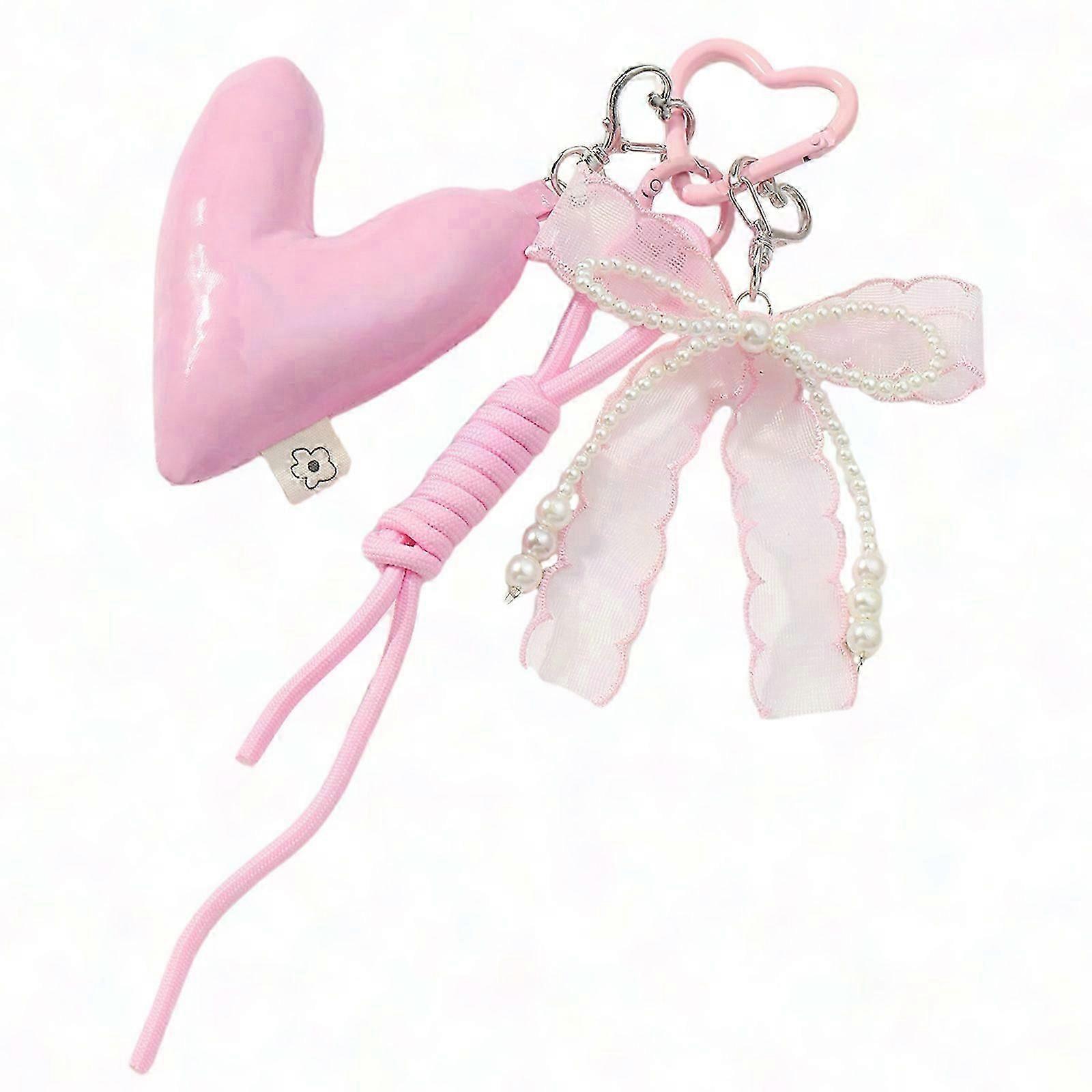 Elegant Heart Bow Bag Charm with Faux Pearls & Cord