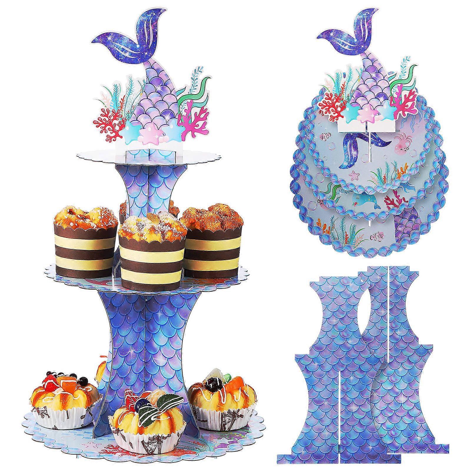 Dessert Display Mermaid Design Cupcake Holder Assorted Color 11.00X11.00X0.16in Birthday Party 2Pcs