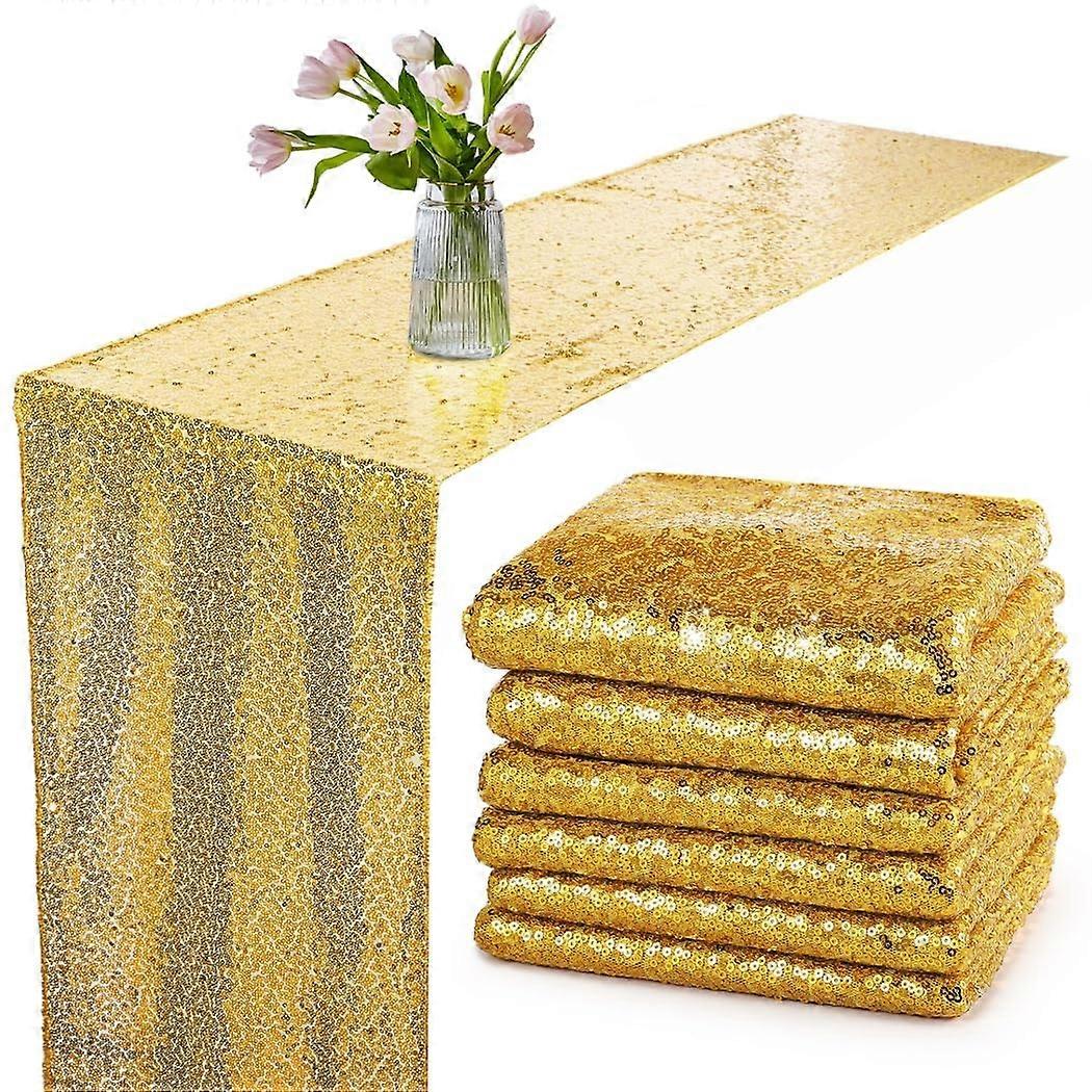 Table runner with golden sequins, 30.5 x 274.4 cm, rectangular cloth for parties, weddings, and holiday decorations, 6 pieces.