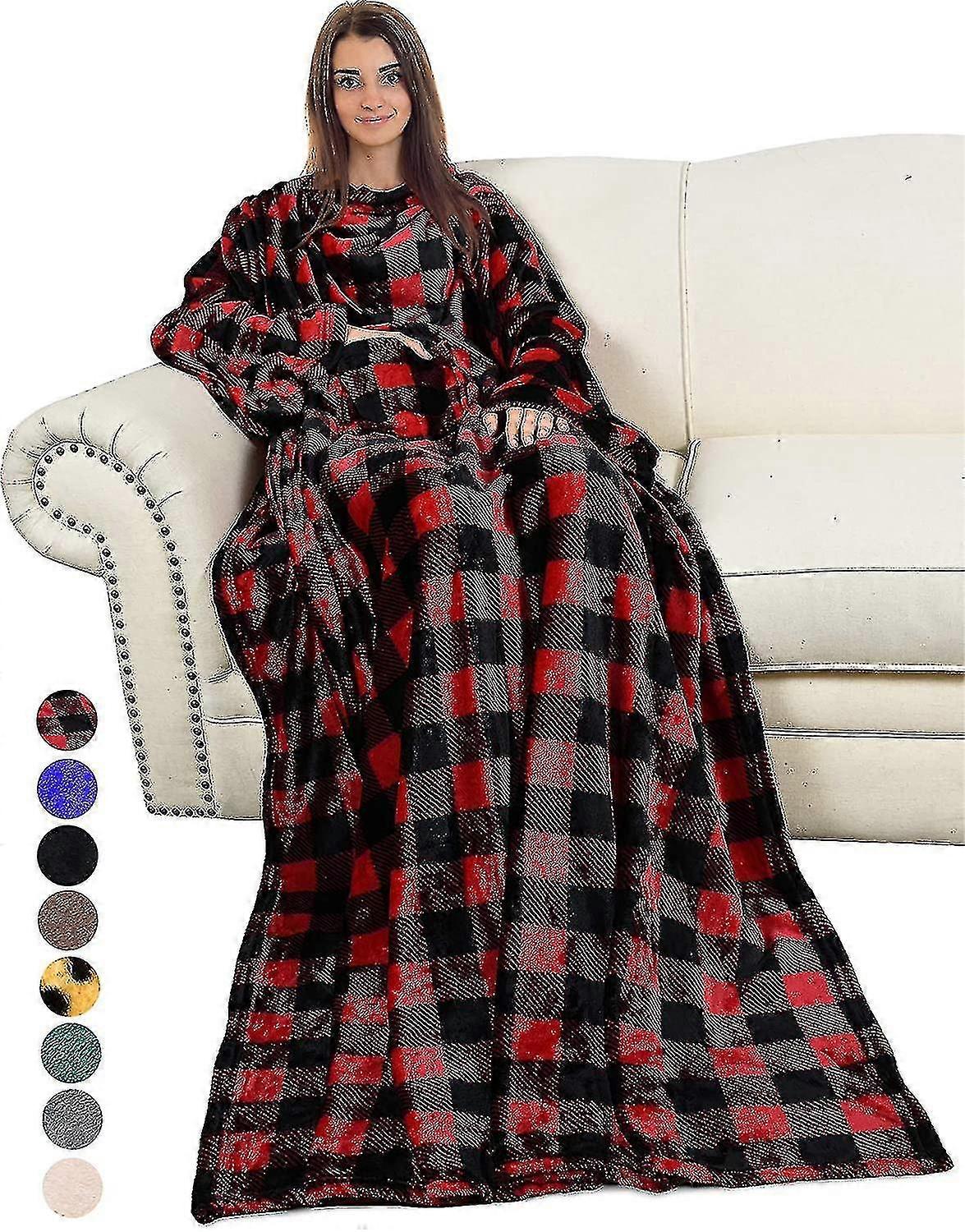 Wearable Fleece Blanket with Sleeves, Pocket & Red Plaid Pattern - 185 x 130 cm Soft Micro Plush Wrap for Comfort