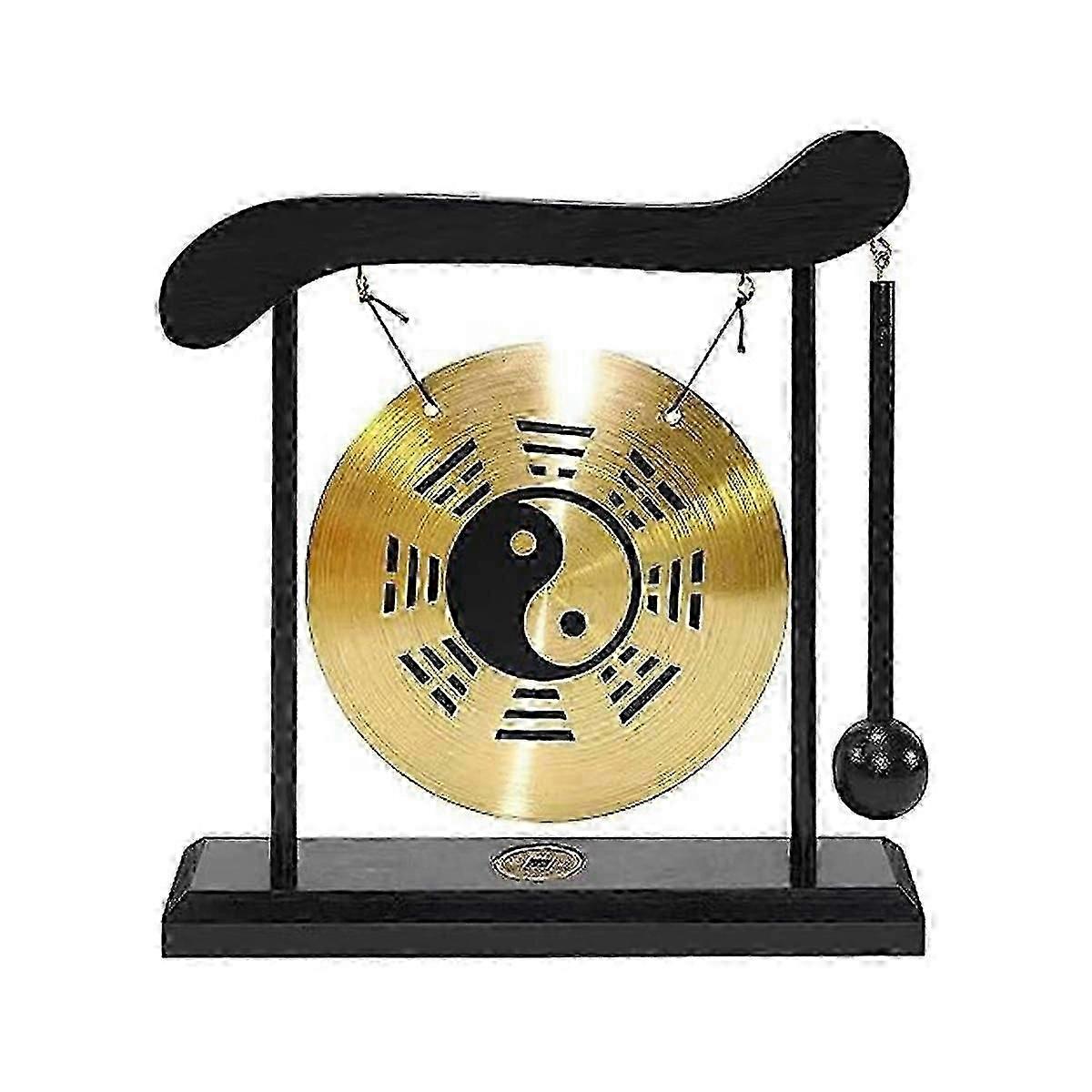 Feng Shui Brass Desktop Gong with Stand and Mallet, Featuring Eight Diagrams for Chinese Decor