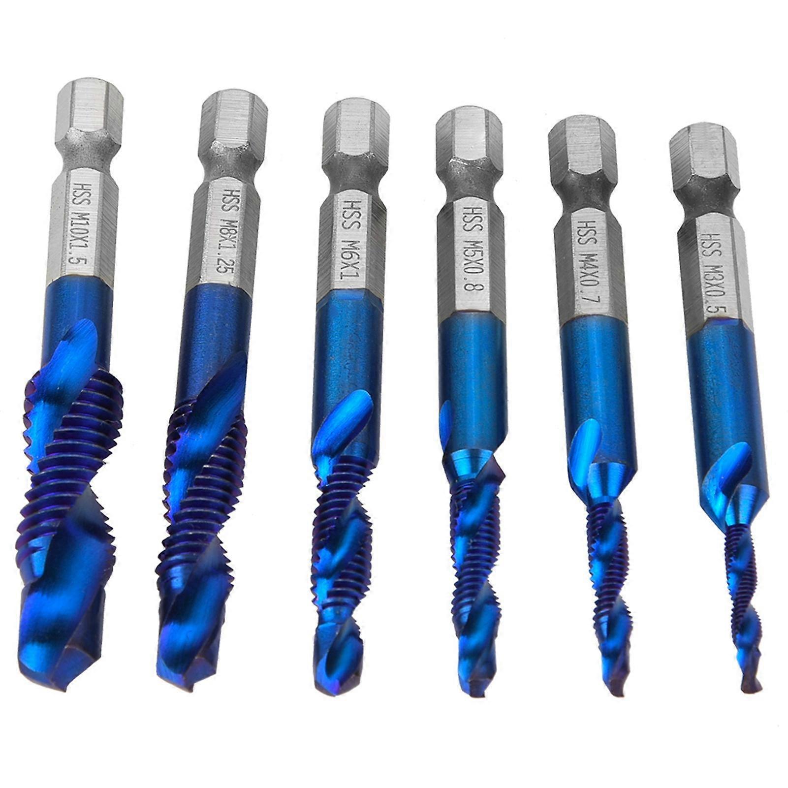 6pcs 6.35mm HSS Hex Shank Drill Bits Set M3/M4/M5/M6/M8/M10 Compound Taps (Type C)