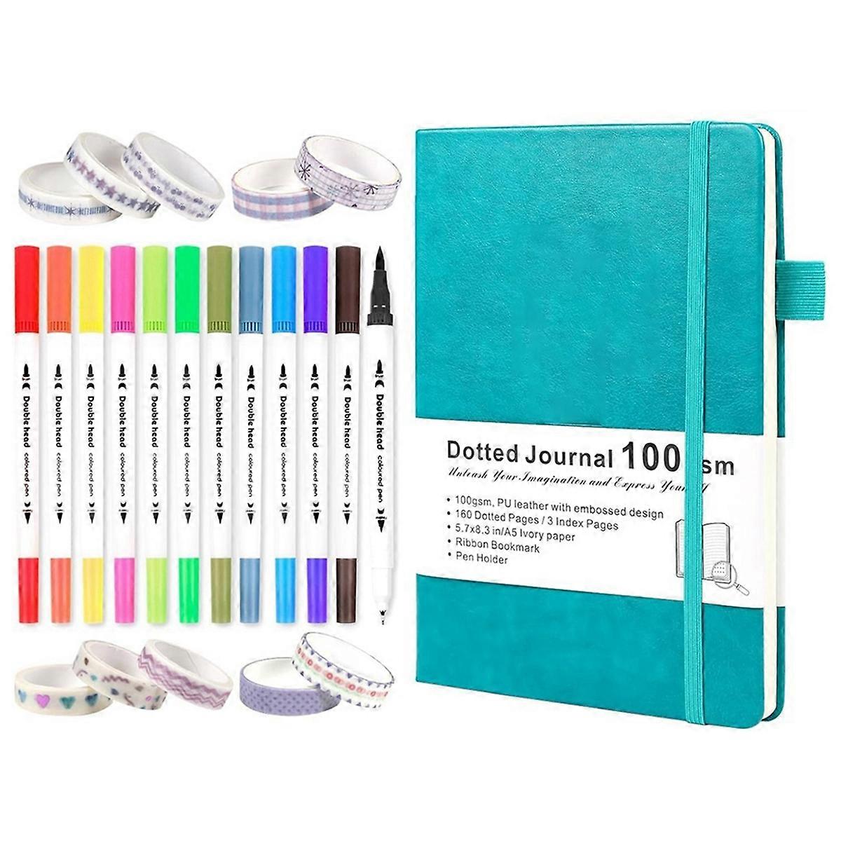 Dotted Journal Kit-Dual Tip Brush Markers, Washi Tape, Green
