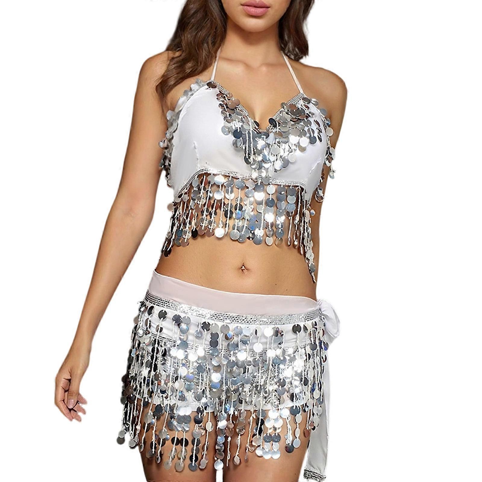 Multifunctional Belly Dance Outfit Set With Sequins Fringe Decorations Suitable For Practice And Performances  White os