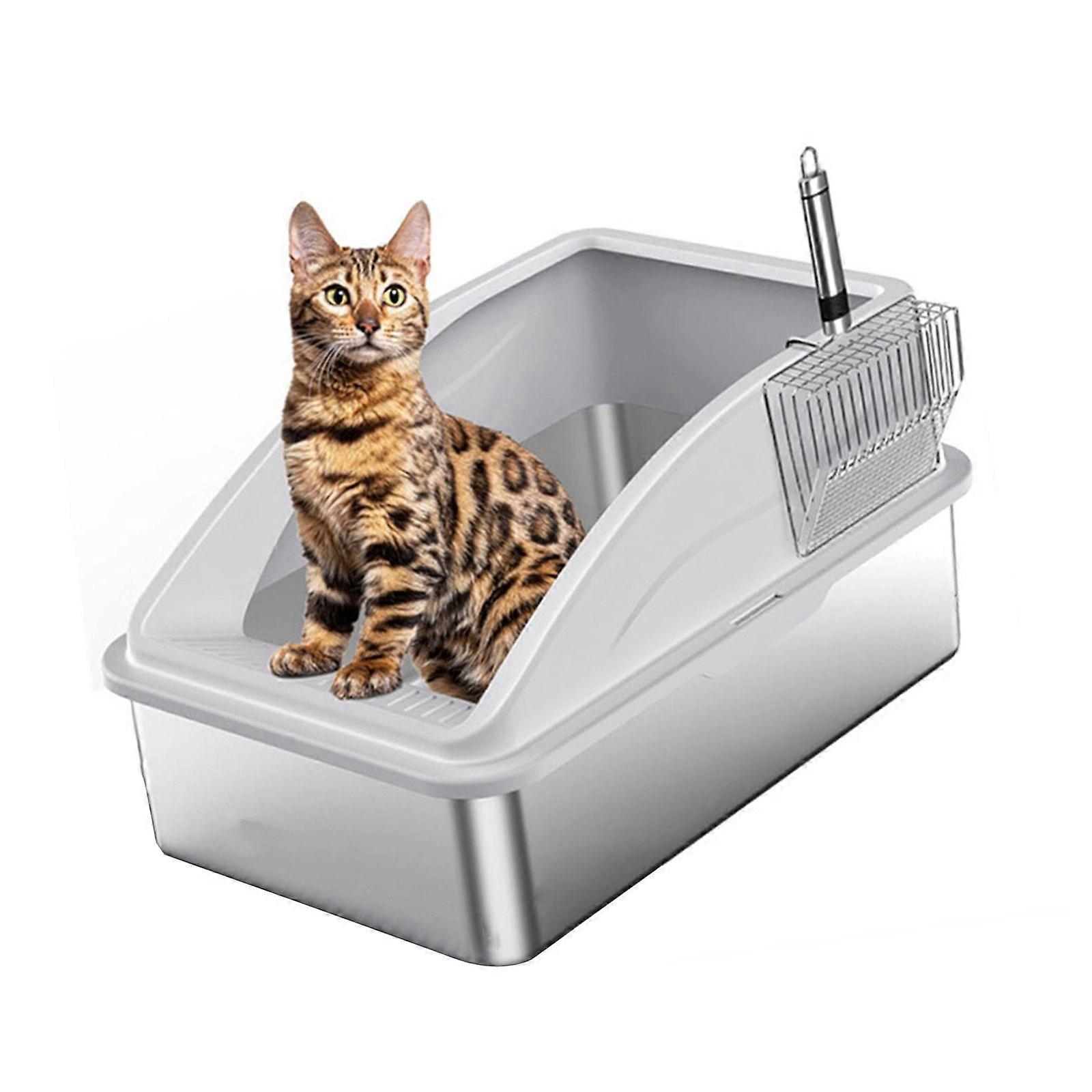 Stainless Steel Half Enclosed Cats Litter Box With Scoops Splashprevent Design Odor Control for Home Office Large Capacity  Light Grey