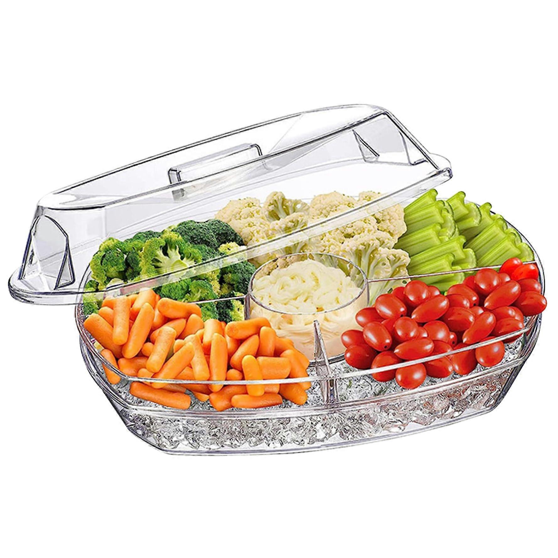 Chilled Condiment Server with 6 Removable Compartments Clear Oval Tray for Fruit Salad Snacks