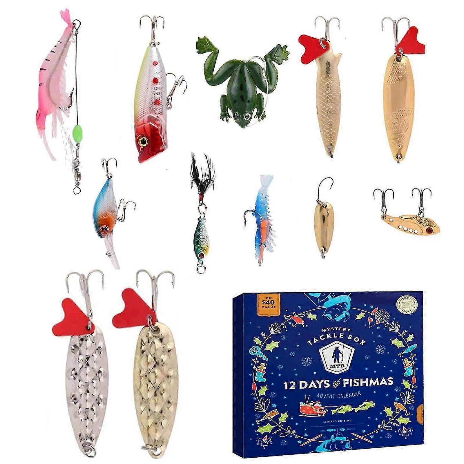 Advent Calendar New Year Versatile Fishing Lures Collection Set 12 Days Gift Count Down Calendar with Fishing Tackle Multicolor
