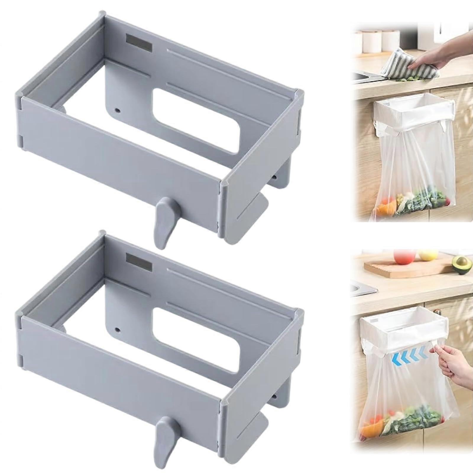 Foldable Trash Bag Holder with Magnetic Wall Mount for Kitchen Cabinets Doors, 2 Pack Gray