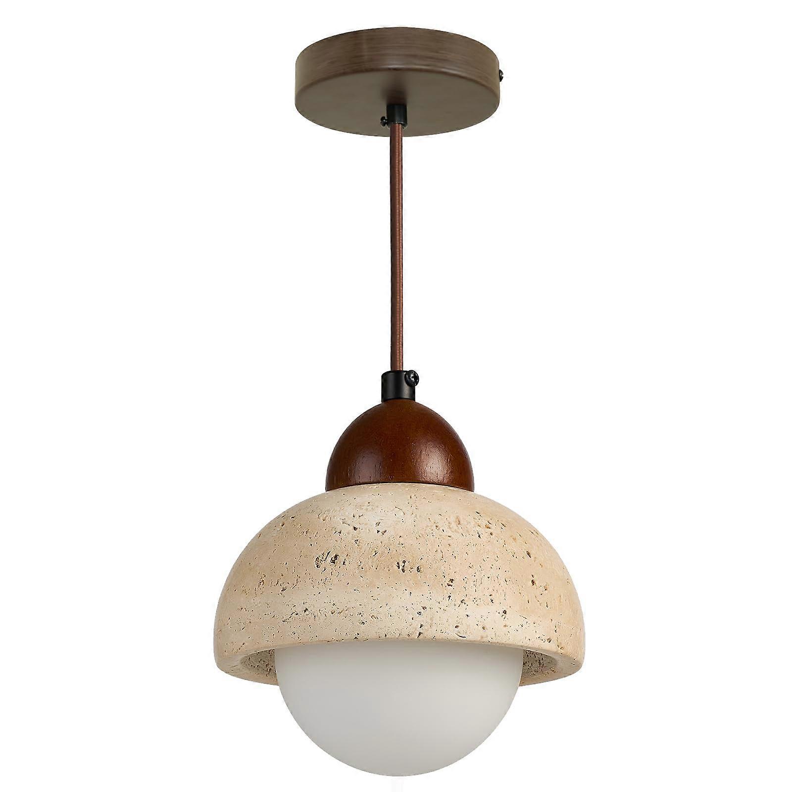 Yellow Travertine Pendant Light with Wood and Glass Shade, Adjustable Height Japandi Style Fixture