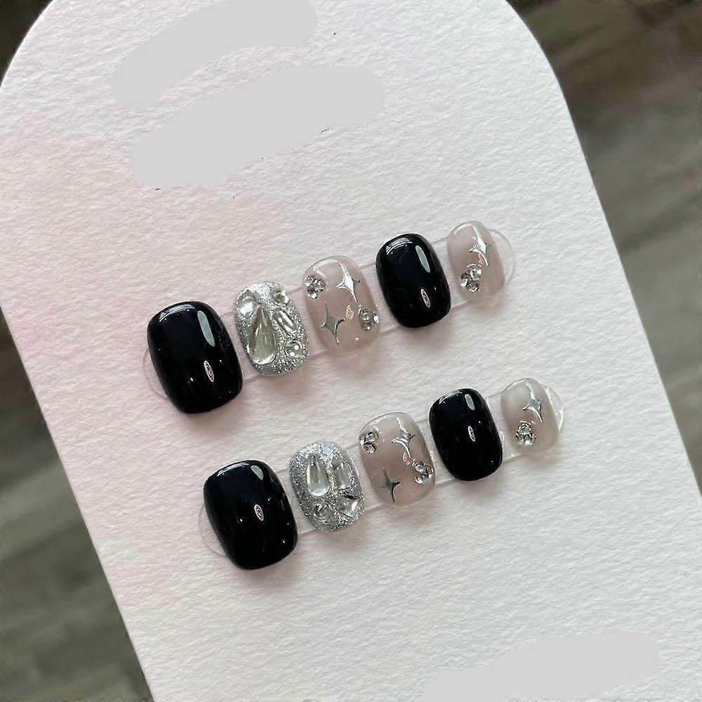 Handmade Press On Nails with Cute Checkerboard Teddy Bear Design, Reusable False Nails S, 12