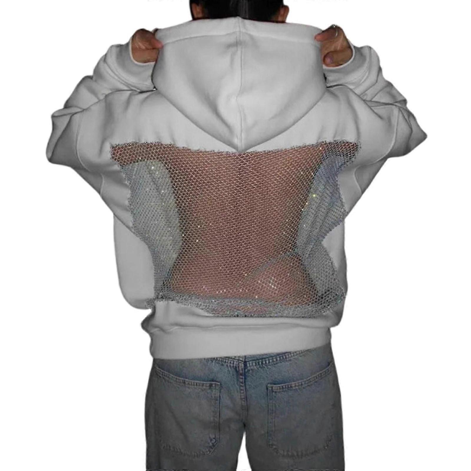 Womens Oversized Sweatshirts Crystal Mesh Back Hoodie Fashion Pullover Hoodie with