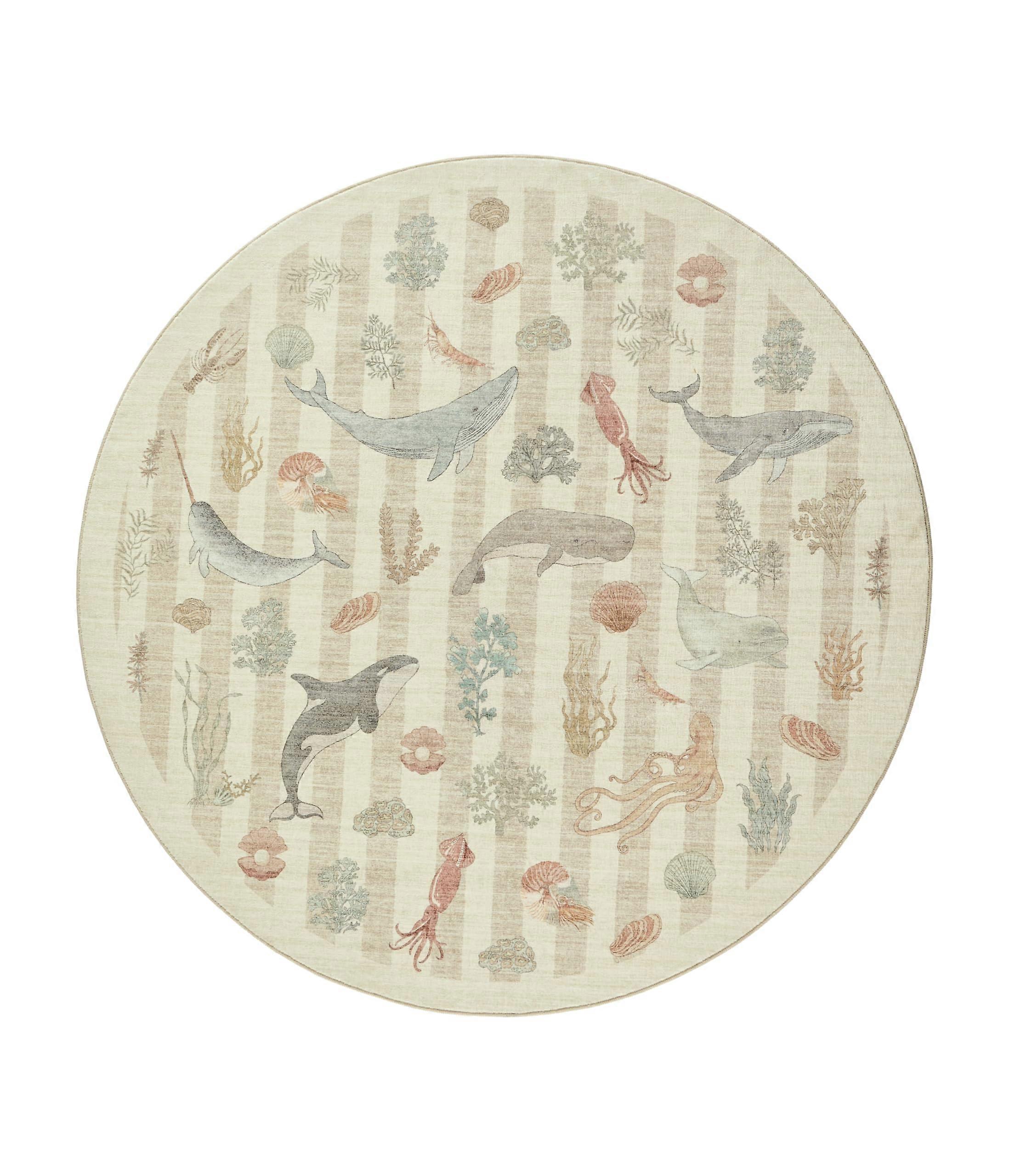 Coastal Area Rug with Whale Design, Soft Washable Nautical Round Rug, NonSlip Taupe 5'
