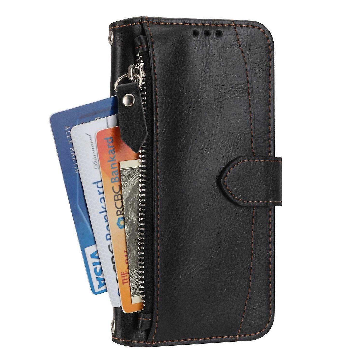 Case For Iphone 13 6.1 Black Waxed Leather Multi-function Zipper Card Wallet No596