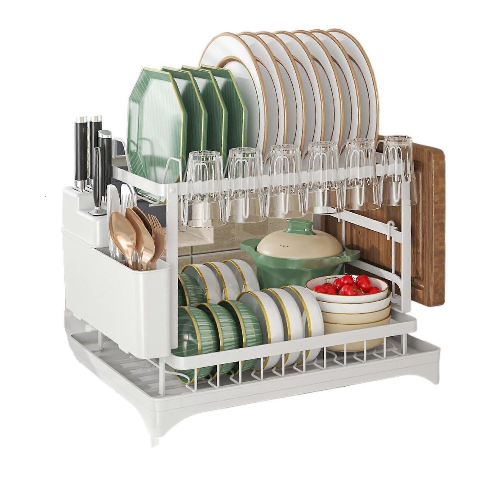2 Tier Stainless Steel Dish Drying Rack with Drainboard, SpaceSaving Kitchen Counter Organizer (White)