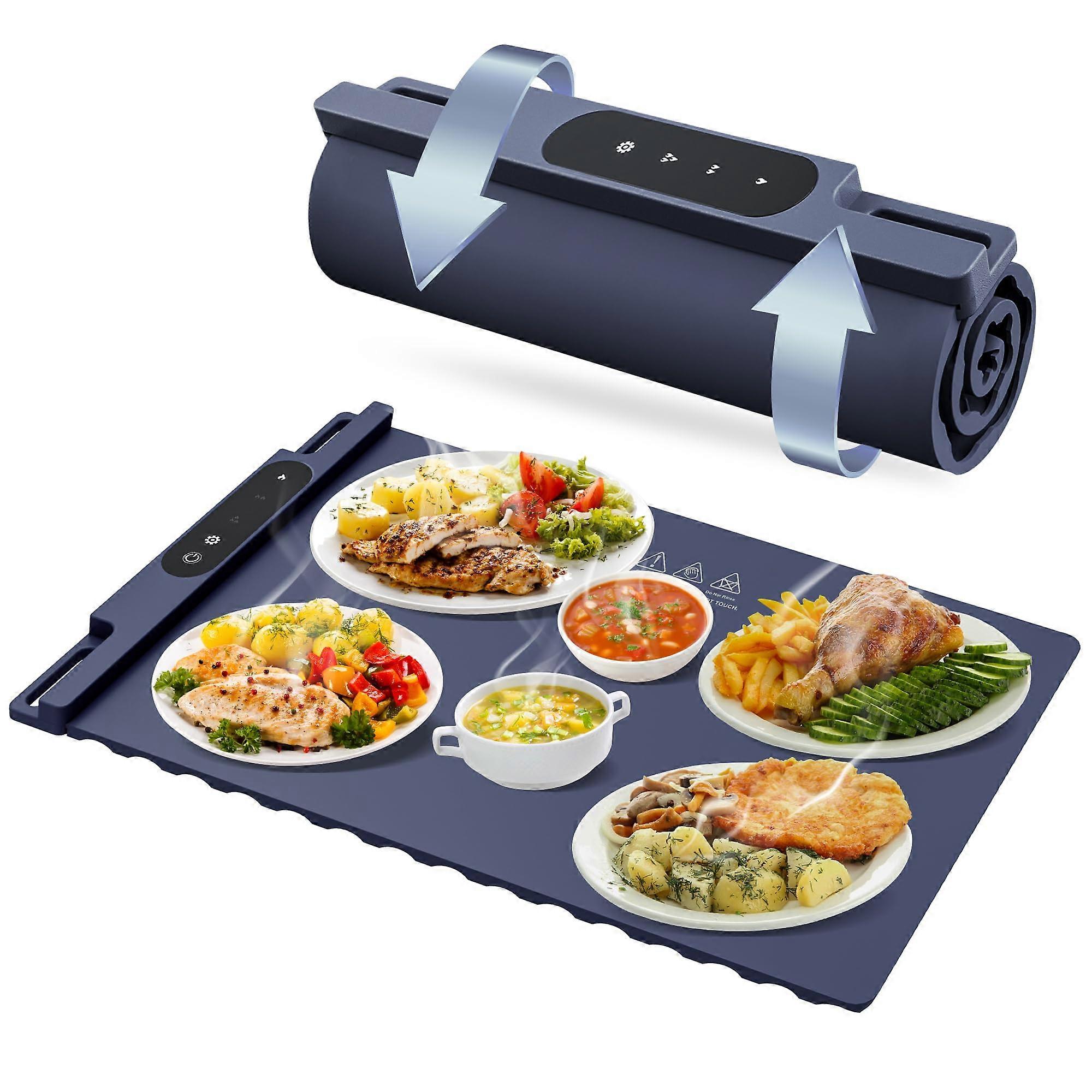 Electric Warming Tray with 3Level Temp Control, Graphene Food Warmer Mat, Timer, Rollable Silicone, Grey