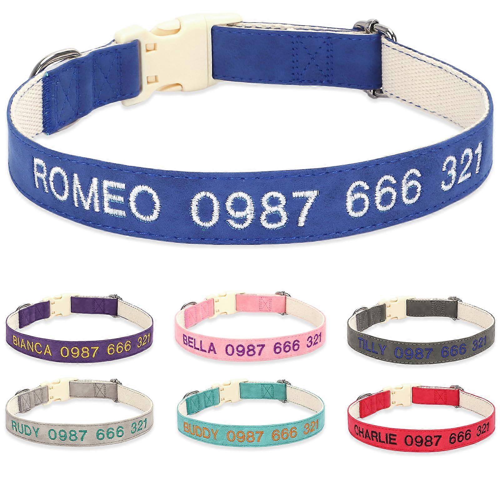 Adjustable Leather Dog Collar with Custom Name Embroidery for Small Medium Large Dogs Blue