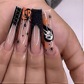Halloween Press On Nails Long Coffin Fake Nails Orange Glossy with Ghost and Pumpkin Design for Women