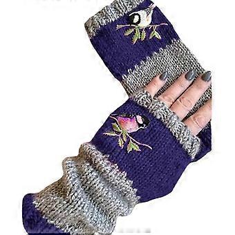 Warm Patwork Embroidered Gloves,Vintage Knitted Gloves and Bird Embroidery Fingerless Gloves Blue Medium